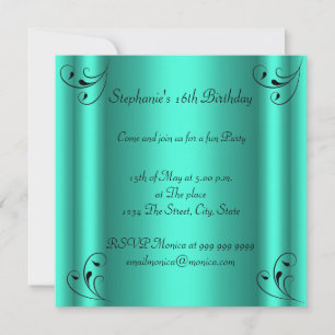 Invitation Fête d'anniversaire Glamour Hot Turquoise Noir Swe