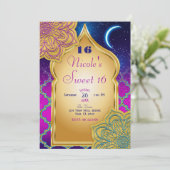 Invitation Fête d'anniversaire glamour nuits arabes or violet (Debout devant)