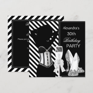 Invitation Fête d'anniversaire glamour rayée noir et blanc