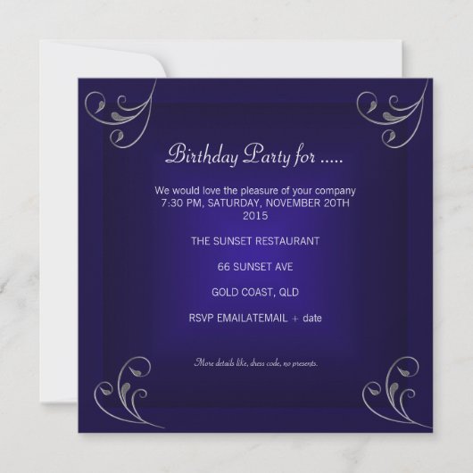 Invitation Fête d'anniversaire Glamour Royal Navy Blue Silver (Devant)