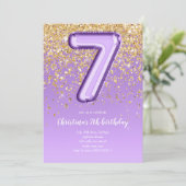 Invitation Fête d'anniversaire glitter violet 7ème ballon (Debout devant)