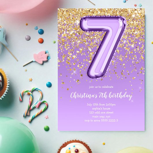Invitation Fête d'anniversaire glitter violet 7ème ballon