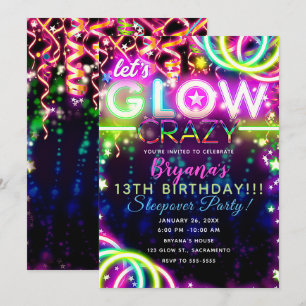 Invitation Fête d'anniversaire GLOW folle néon colorée