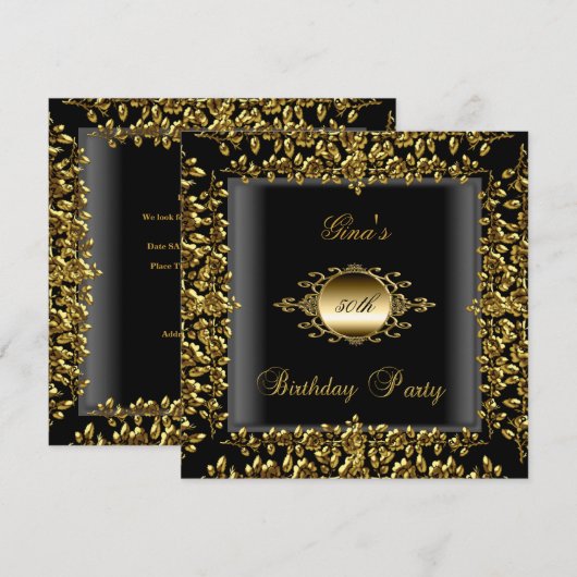 Invitation Fête d'anniversaire Gold Black Floral femmes 50e (Devant / Derrière)