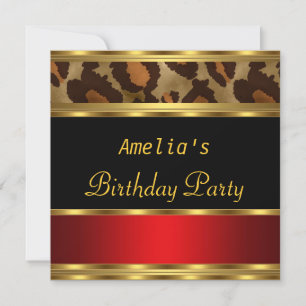 Invitation Fête d'anniversaire Gold Black Red Léopard