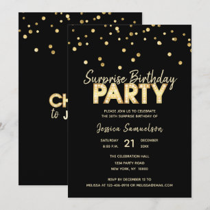 Invitation FÊTE D'ANNIVERSAIRE Gold Black SURPRISE