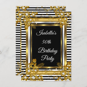 Invitation Fête d'anniversaire Gold Black White Strial Floral