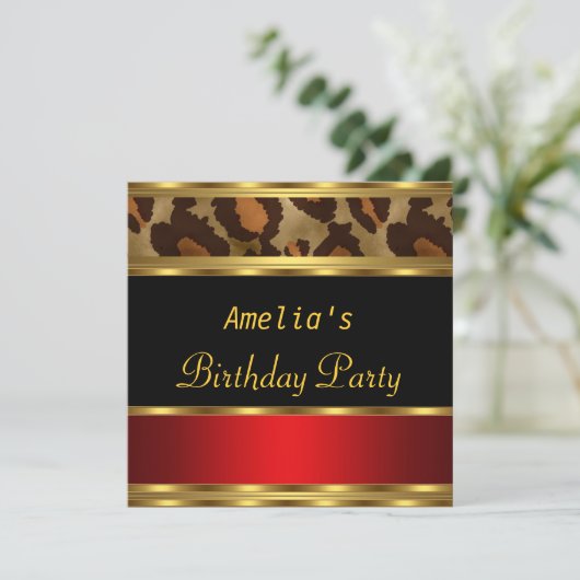 Invitation Fête d'anniversaire Gold Red Leopard (Debout devant)