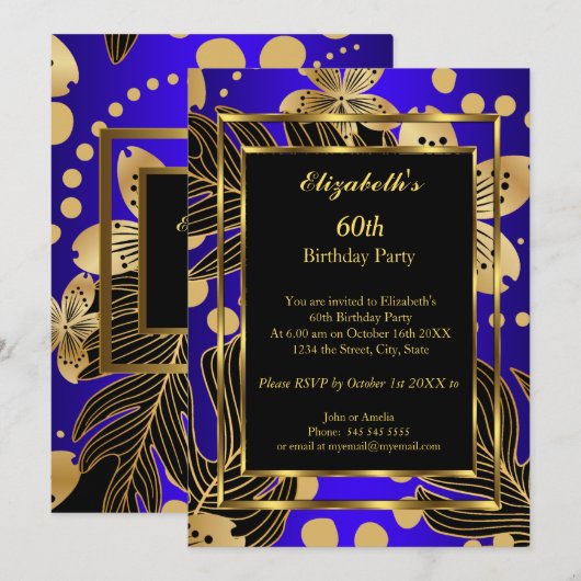 Invitation Fête d'anniversaire Gold Royal Blue Floral (Devant / Derrière)