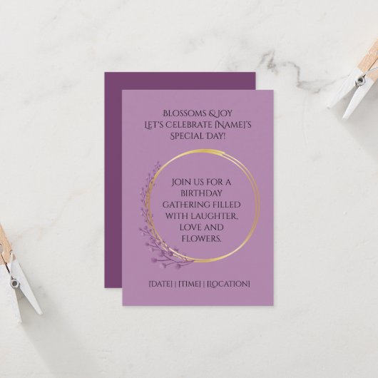 Invitation Fête d'anniversaire Golden Bloom (Devant/Arrière en situation)