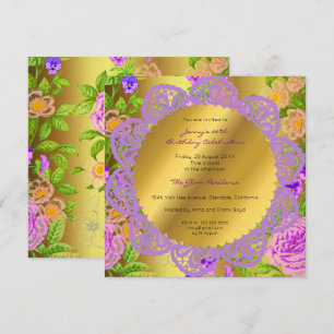 Invitation Fête d'anniversaire Golden Floral Rose pourpre Min