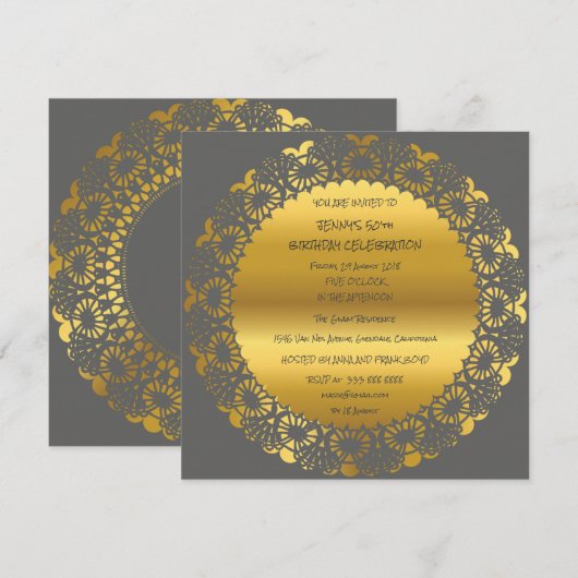 Invitation Fête d'anniversaire Golden Grey Lace Glam Wreath (Devant / Derrière)