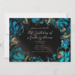 Invitation Fête d'anniversaire gothique Roses Turquoise Crâne