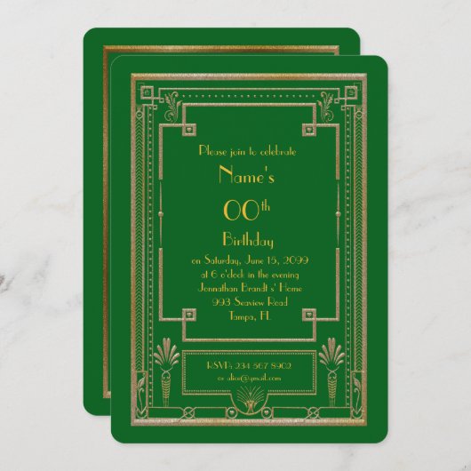 Invitation fête d'anniversaire, grand Gatsby, or,  (Devant / Derrière)