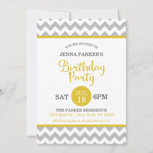 Invitation Fête d'anniversaire gris moderne et jaune de Chevr (Devant)