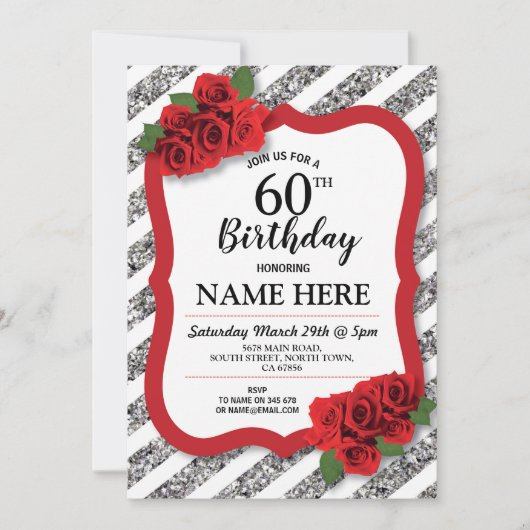 Invitation Fête d'anniversaire Gris Rouge Roses Argent Partie (Devant)