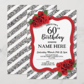 Invitation Fête d'anniversaire Gris Rouge Roses Argent Partie (Devant / Derrière)