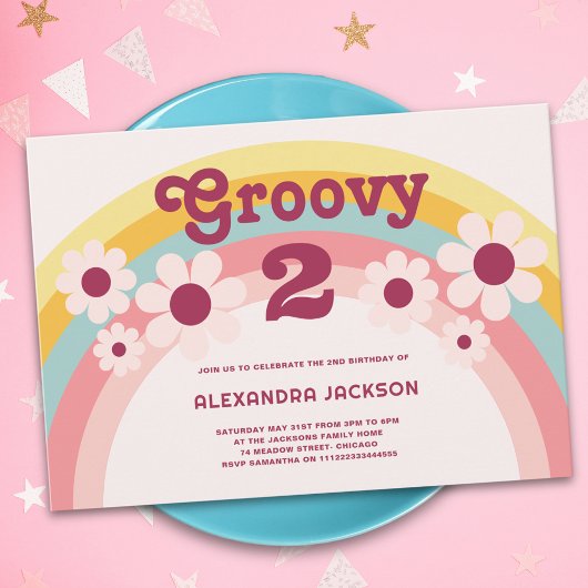 Invitation Fête d'anniversaire Groovy Two Daisy Rainbow 2 ans