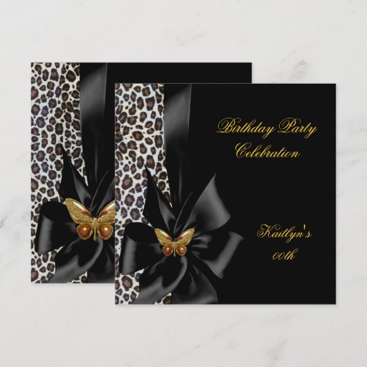 Invitation Fête d'anniversaire Guépard doré Papillon noir (Devant / Derrière)
