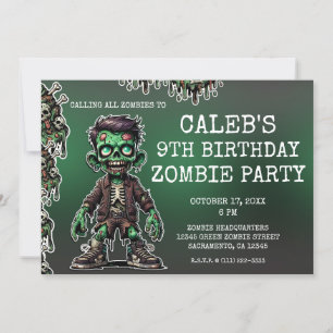Invitation Fête d'anniversaire Halloween Enfant Zombie Vert &