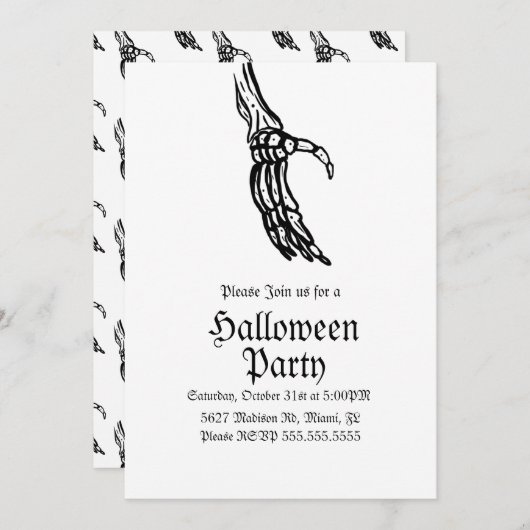 Invitation Fête d'anniversaire Halloween Mains de squelette (Devant / Derrière)