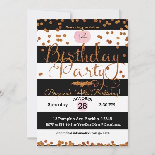 Invitation Fête d'anniversaire Halloween Noir Blanc Rose Oran (Devant)