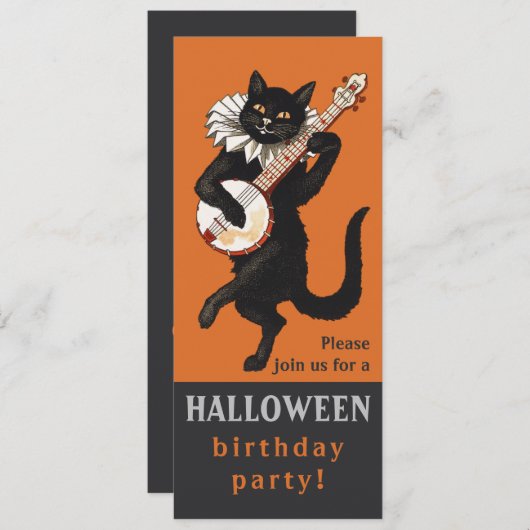 Invitation Fête d'anniversaire Halloween noir chat banjo CC11 (Devant / Derrière)