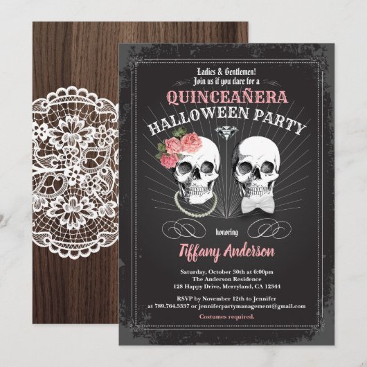Invitation Fête d'anniversaire Halloween Quinceañera noir ros (Devant / Derrière)
