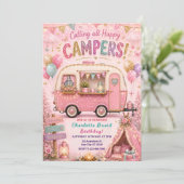 Invitation Fête d'anniversaire Happy Camper rose (Debout devant)