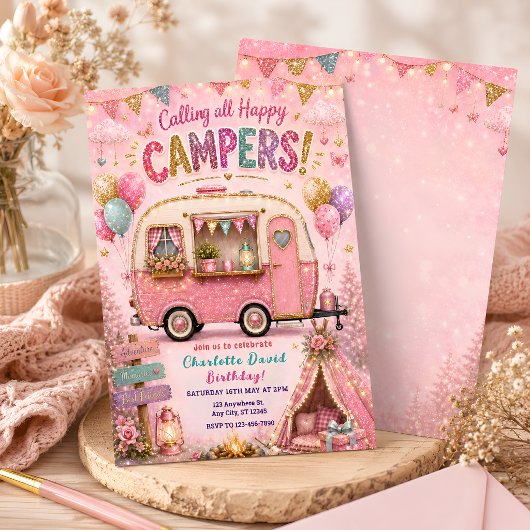 Invitation Fête d'anniversaire Happy Camper rose