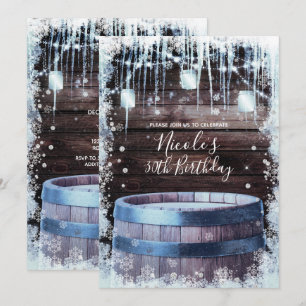 Invitation Fête d'anniversaire hivernale avec tonneau en bois