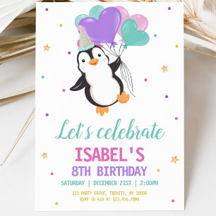 Invitation Fête d'anniversaire hivernale de manchot fille