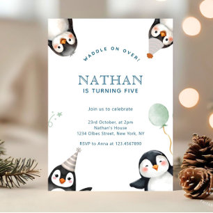 Invitation Fête d'anniversaire hivernale de pingouin minimali