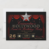 Invitation Fête d'anniversaire Hollywood Or Argent Noir & Rou (Devant)