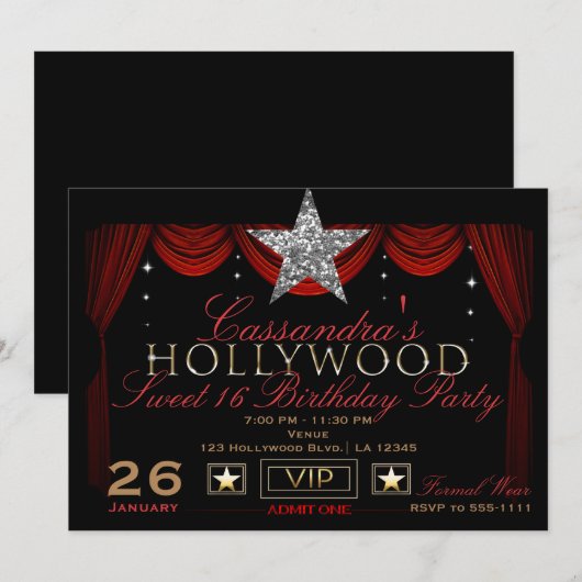 Invitation Fête d'anniversaire Hollywood Or Argent Noir & Rou (Devant / Derrière)