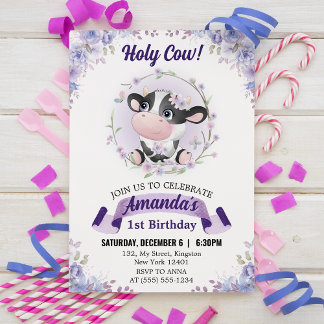 Invitation Fête d'anniversaire Holy Cow Floral 1ère année
