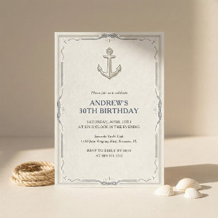 Invitation Fête d'anniversaire homme bleu marine Ancre nautiq