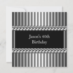 Invitation Fête d'anniversaire homme métal chrome noir argent