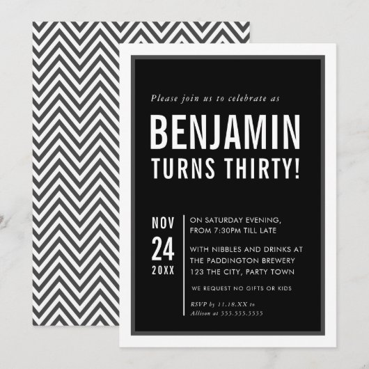 Invitation FÊTE D'ANNIVERSAIRE HOMME typographie moderne noir (Devant / Derrière)