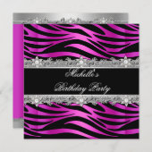 Invitation Fête d'anniversaire Hot rose argent Zebra Diamond  (Devant / Derrière)