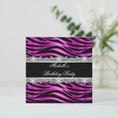 Invitation Fête d'anniversaire Hot rose argent Zebra Diamond  (Debout devant)