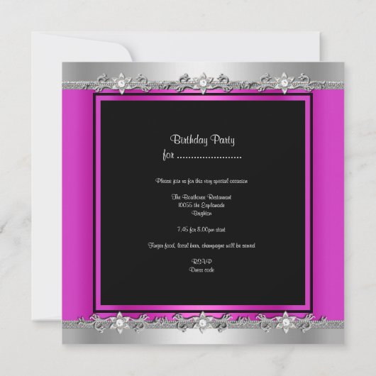 Invitation Fête d'anniversaire Hot rose argent Zebra Diamond  (Dos)