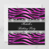 Invitation Fête d'anniversaire Hot rose argent Zebra Diamond  (Devant)