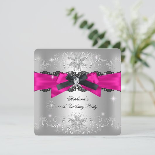 Invitation Fête d'anniversaire Hot rose Black Bow Parties sci (Debout devant)