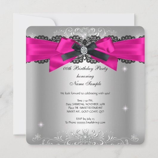 Invitation Fête d'anniversaire Hot rose Black Bow Parties sci (Dos)