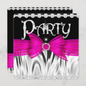 Invitation Fête d'anniversaire Hot Rose Bow Black Silver (Devant / Derrière)
