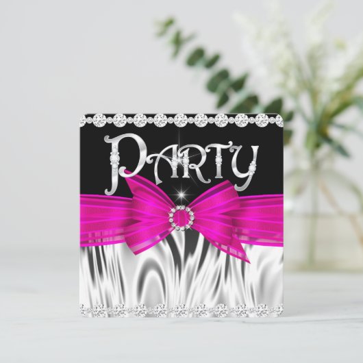 Invitation Fête d'anniversaire Hot Rose Bow Black Silver (Debout devant)