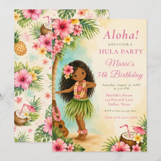 Invitation Fête d'anniversaire Hula (Devant / Derrière)