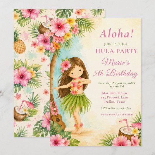 Invitation Fête d'anniversaire Hula (Devant / Derrière)