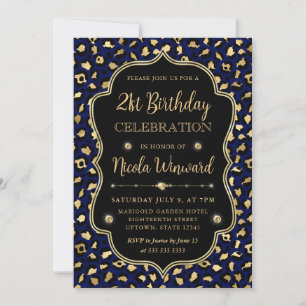 Invitation Fête d'anniversaire imprimé léopard or et bleu